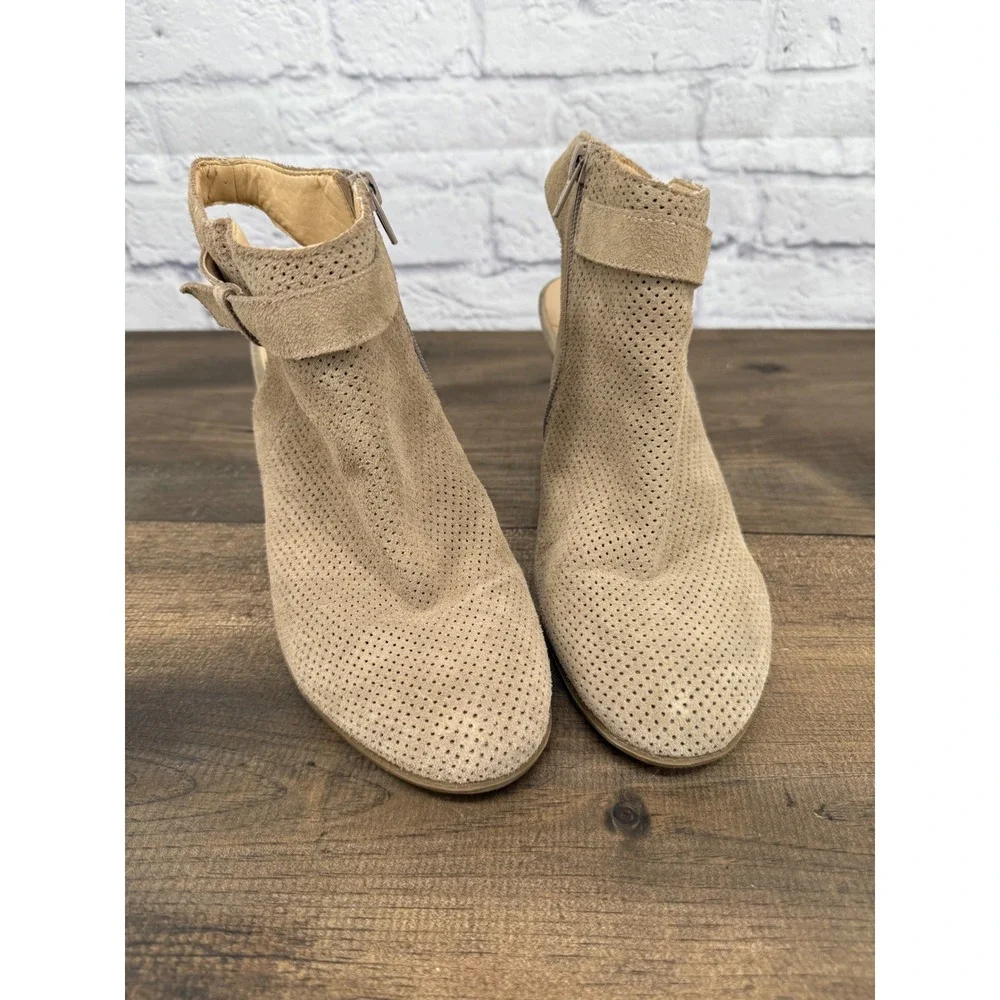 Sole‎ Society Perforated Suede Ankle Booties Block Heel Side Zip Tan Women's 9B